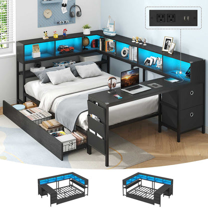 Hasuit | Full Corner Bed with Desk and Storage Bookcase Daybed with Charging Station and LED Light Modern Teenagers Bedframe