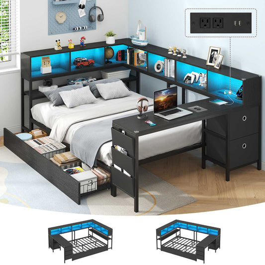 Hasuit | Full Corner Bed with Desk and Storage Bookcase Daybed with Charging Station and LED Light Modern Teenagers Bedframe
