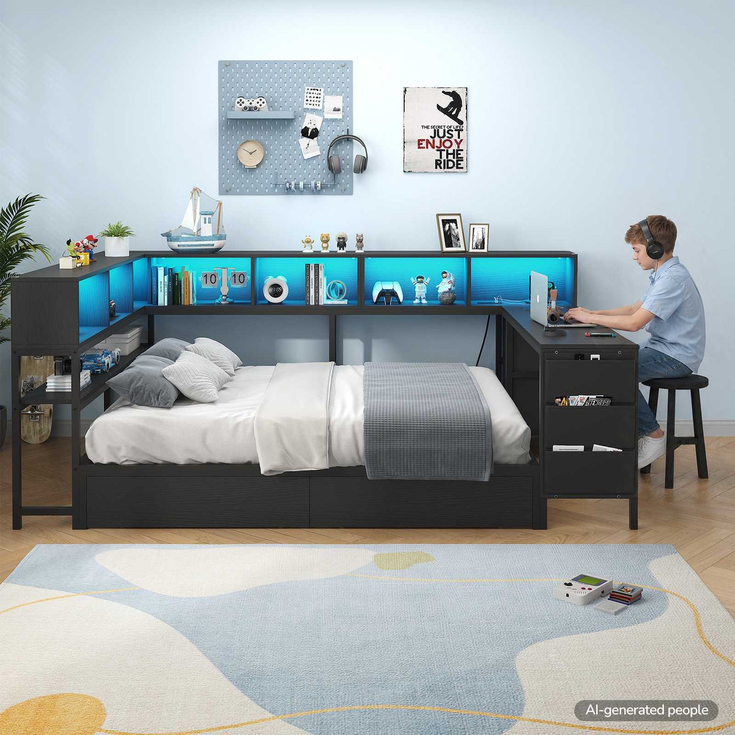 Hasuit | Full Corner Bed with Desk and Storage Bookcase Daybed with Charging Station and LED Light Modern Teenagers Bedframe