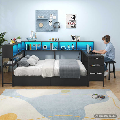 Hasuit | Full Corner Bed with Desk and Storage Bookcase Daybed with Charging Station and LED Light Modern Teenagers Bedframe