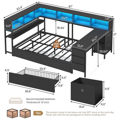 Hasuit | Full Corner Bed with Desk and Storage Bookcase Daybed with Charging Station and LED Light Modern Teenagers Bedframe