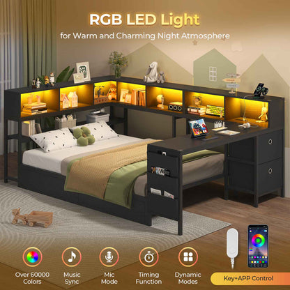 Hasuit | Full Corner Bed with Desk and Storage Bookcase Daybed with Charging Station and LED Light Modern Teenagers Bedframe