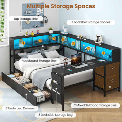 Hasuit | Full Corner Bed with Desk and Storage Bookcase Daybed with Charging Station and LED Light Modern Teenagers Bedframe