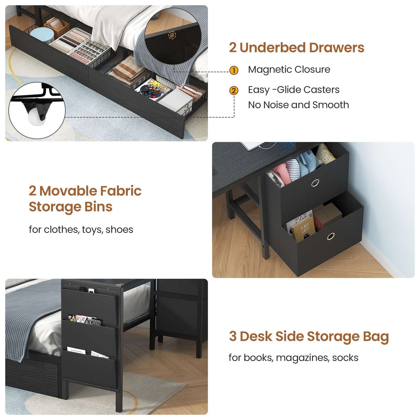 Hasuit | Full Corner Bed with Desk and Storage Bookcase Daybed with Charging Station and LED Light Modern Teenagers Bedframe