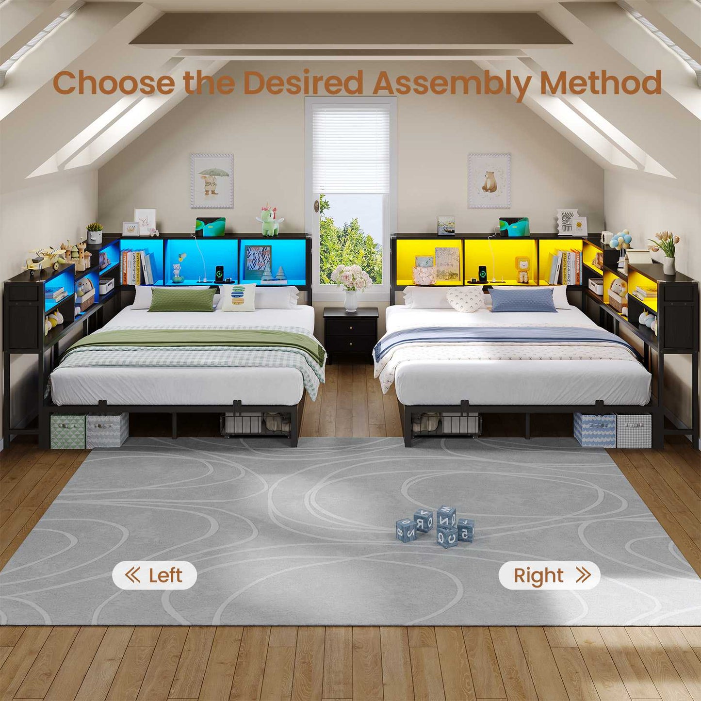 Hasuit | Corner Bed Frame with Storage Bookcase Modern Teenagers Bedframe with 2 Drawers Kids Bed Unit with Charging Station Black