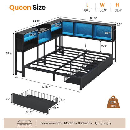 Hasuit | Corner Bed Frame with Storage Bookcase Modern Teenagers Bedframe with 2 Drawers Kids Bed Unit with Charging Station Black