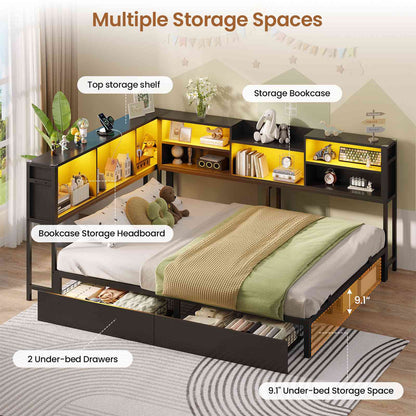 Hasuit | Corner Bed Frame with Storage Bookcase Modern Teenagers Bedframe with 2 Drawers Kids Bed Unit with Charging Station Black