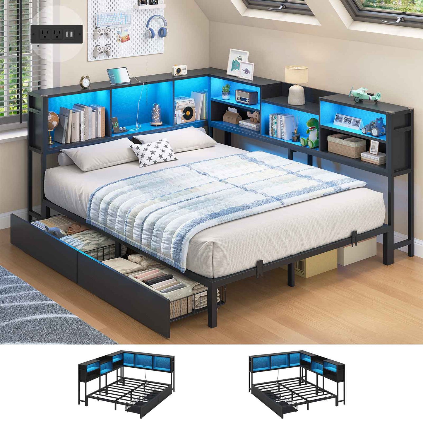 Hasuit | Corner Bed Frame with Storage Bookcase Modern Teenagers Bedframe with 2 Drawers Kids Bed Unit with Charging Station Black
