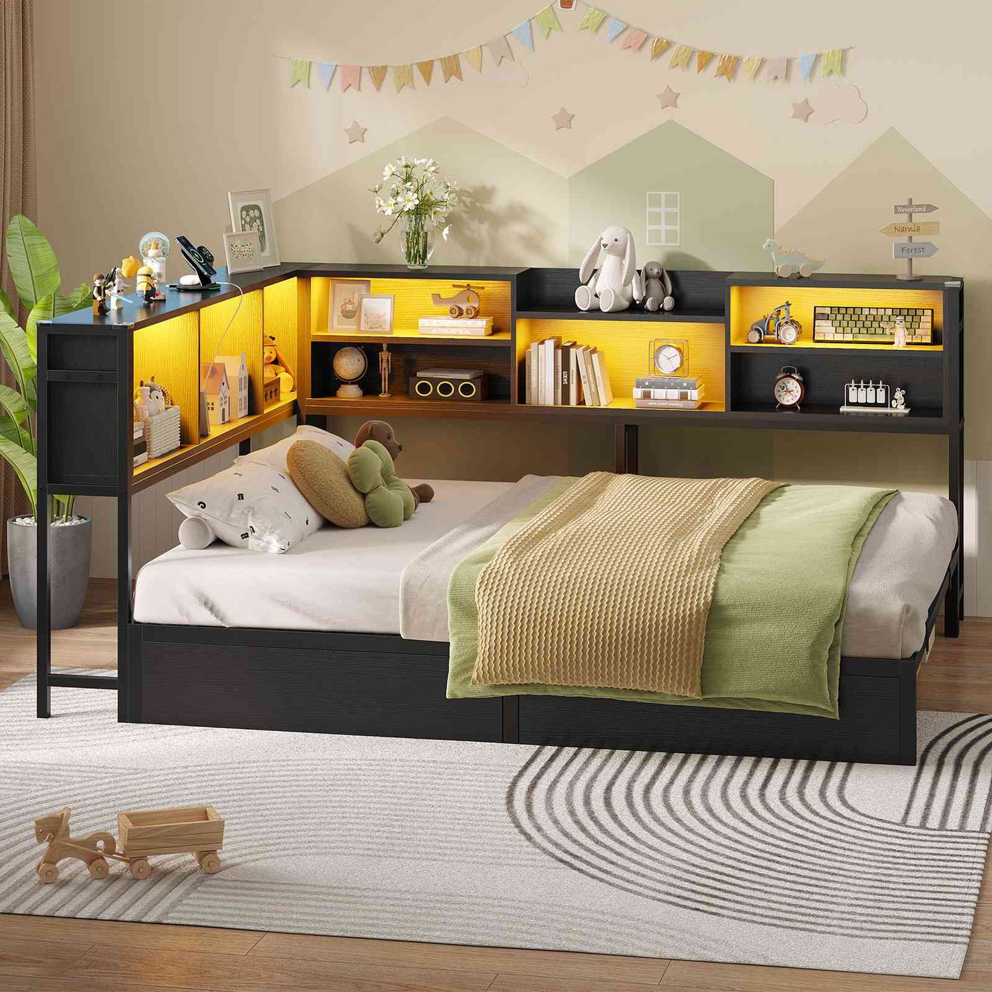 Hasuit | Corner Bed Frame with Storage Bookcase Modern Teenagers Bedframe with 2 Drawers Kids Bed Unit with Charging Station Black