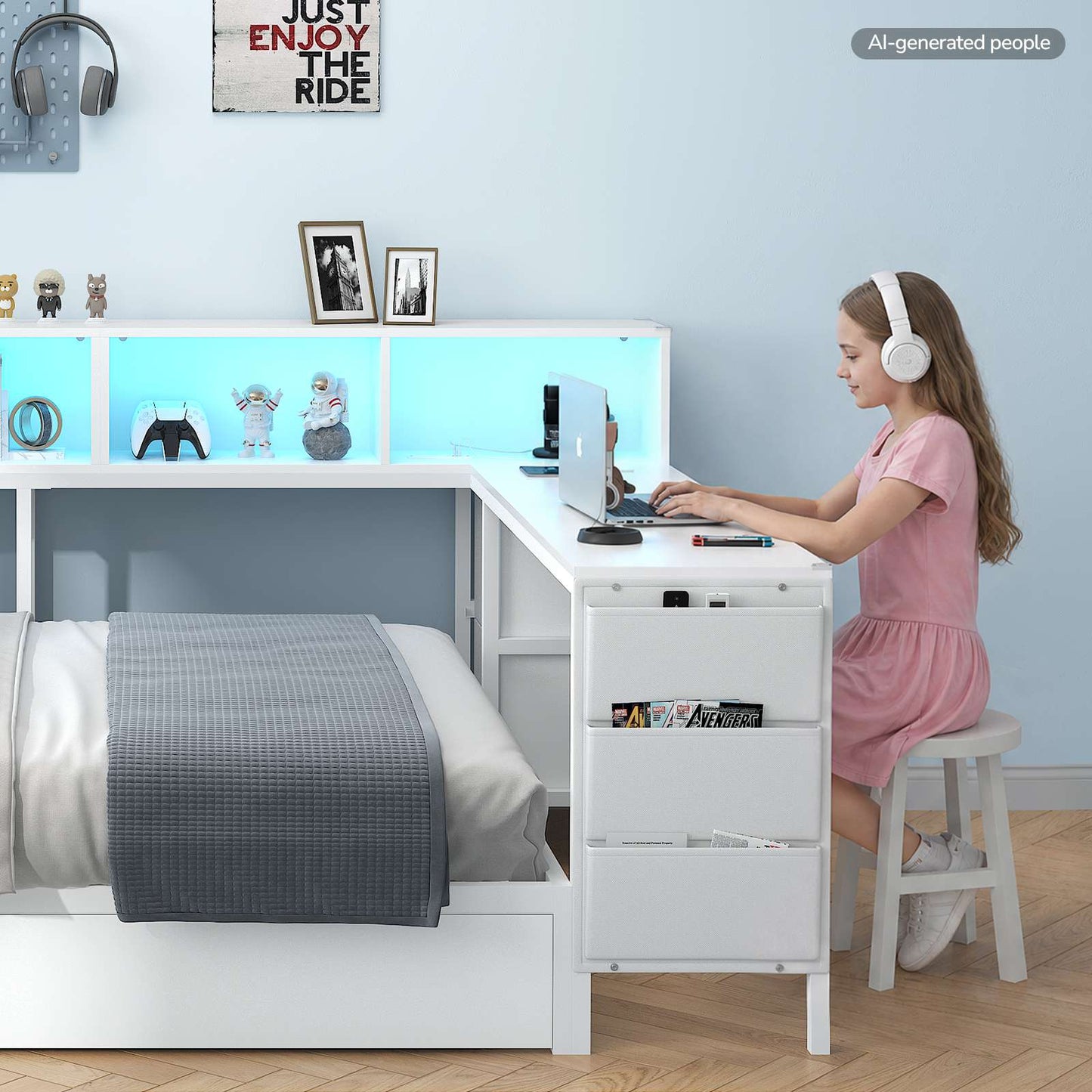 Hasuit | Full Corner Bed with Desk and Storage Bookcase Daybed with Charging Station and LED Light Modern Teenagers Bedframe