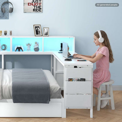 Hasuit | Full Corner Bed with Desk and Storage Bookcase Daybed with Charging Station and LED Light Modern Teenagers Bedframe