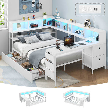 Hasuit | Full Corner Bed with Desk and Storage Bookcase Daybed with Charging Station and LED Light Modern Teenagers Bedframe