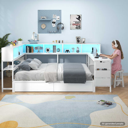 Hasuit | Full Corner Bed with Desk and Storage Bookcase Daybed with Charging Station and LED Light Modern Teenagers Bedframe