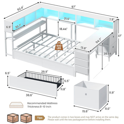Hasuit | Full Corner Bed with Desk and Storage Bookcase Daybed with Charging Station and LED Light Modern Teenagers Bedframe