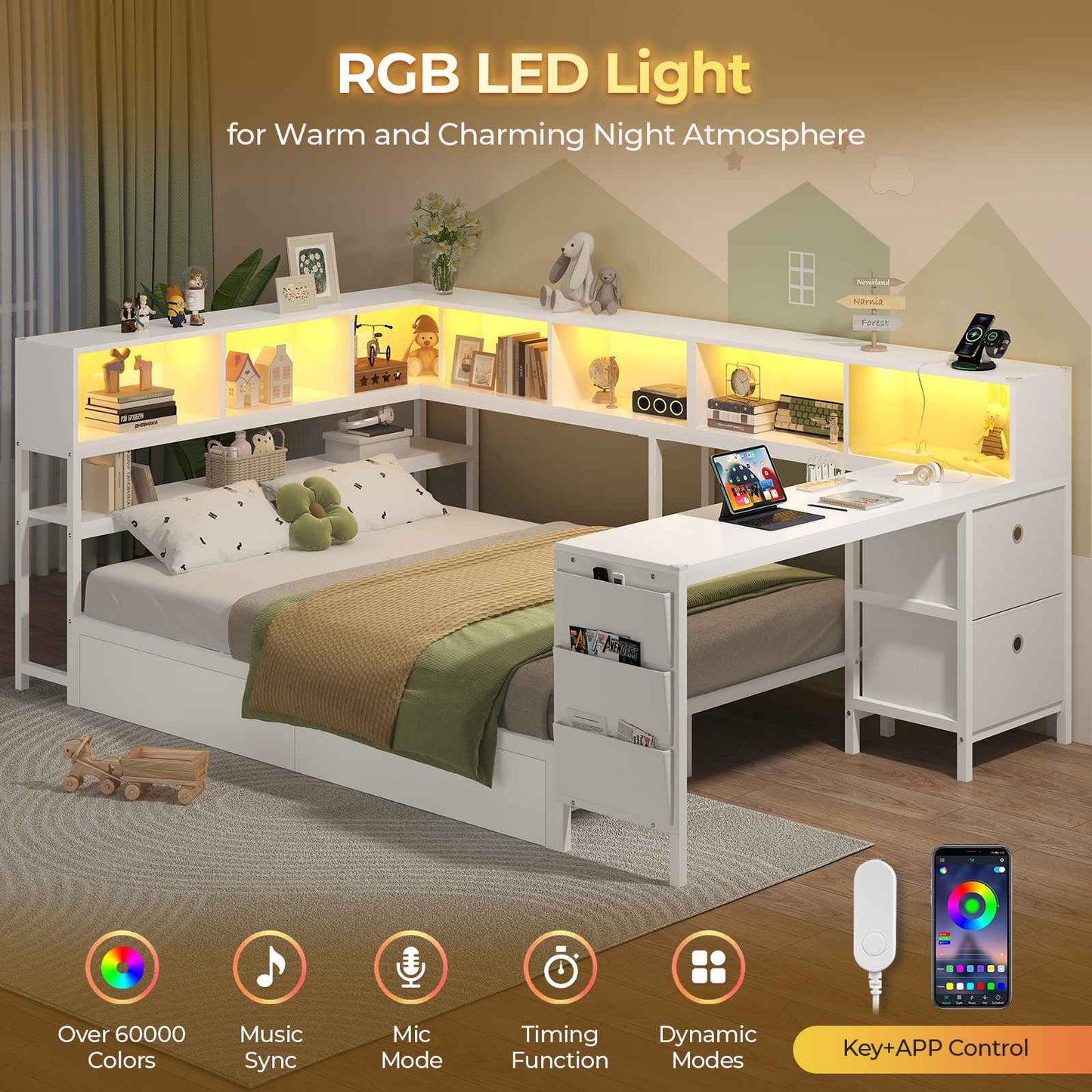 Hasuit | Full Corner Bed with Desk and Storage Bookcase Daybed with Charging Station and LED Light Modern Teenagers Bedframe