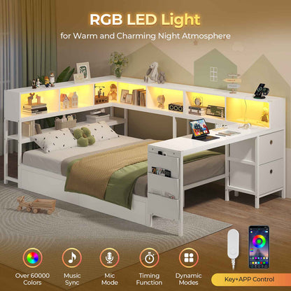 Hasuit | Full Corner Bed with Desk and Storage Bookcase Daybed with Charging Station and LED Light Modern Teenagers Bedframe