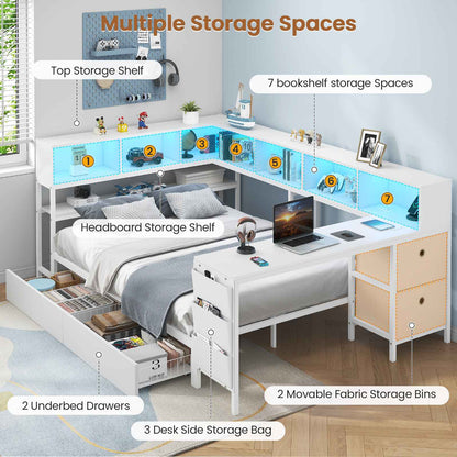 Hasuit | Full Corner Bed with Desk and Storage Bookcase Daybed with Charging Station and LED Light Modern Teenagers Bedframe