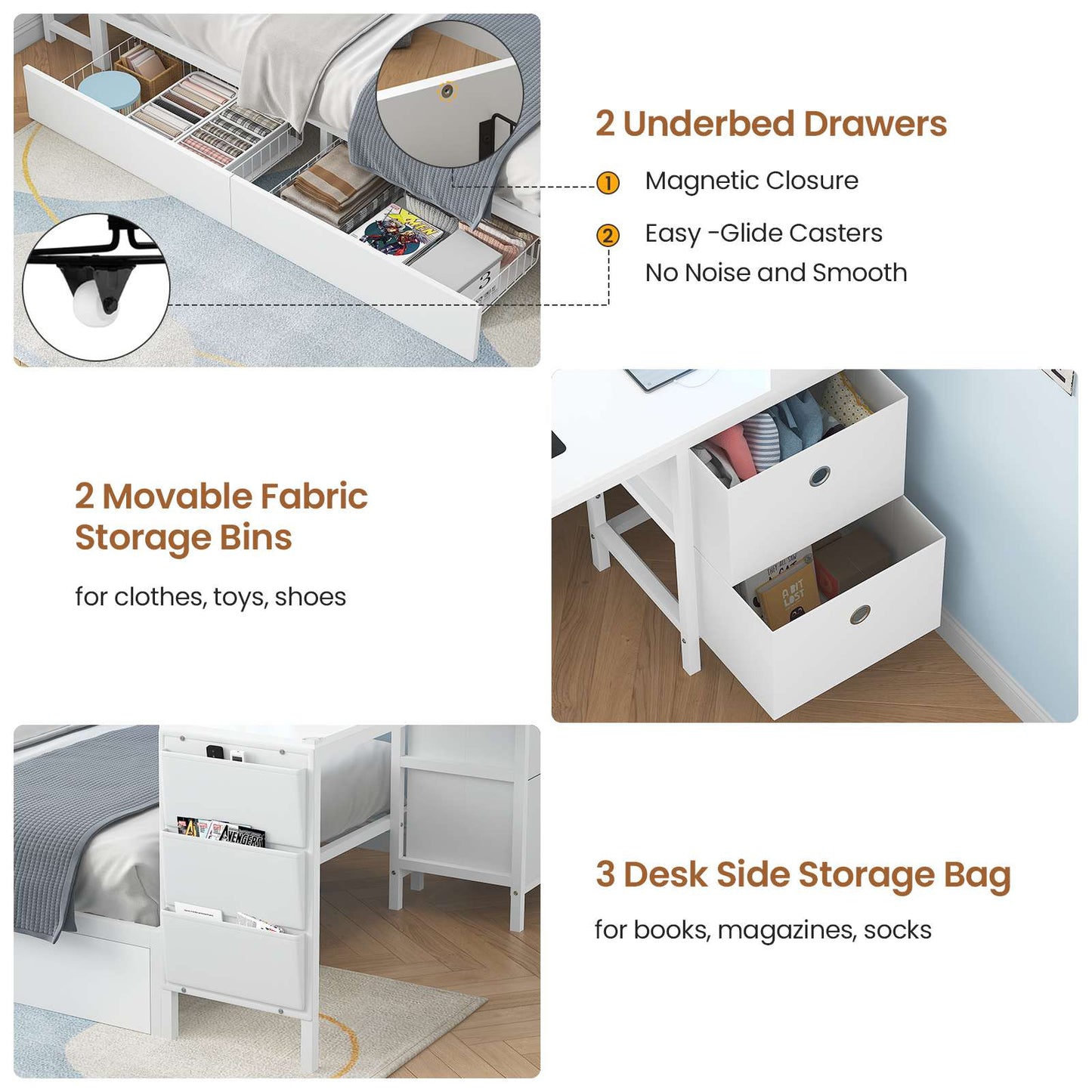 Hasuit | Full Corner Bed with Desk and Storage Bookcase Daybed with Charging Station and LED Light Modern Teenagers Bedframe