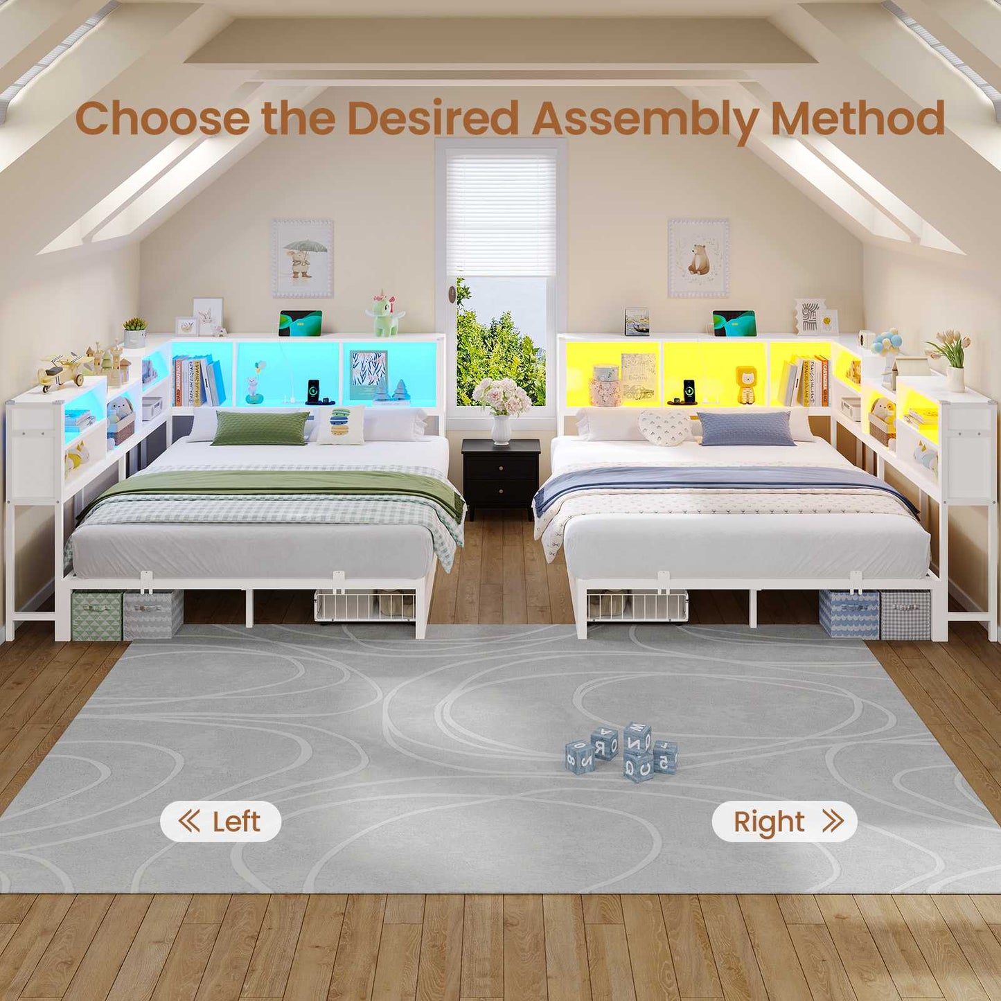 Hasuit | Corner Bed Frame with Storage Bookcase Modern Teenagers Bedframe with 2 Drawers Kids Bed Unit with Charging Station White