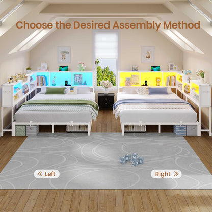 Hasuit | Corner Bed Frame with Storage Bookcase Modern Teenagers Bedframe with 2 Drawers Kids Bed Unit with Charging Station White