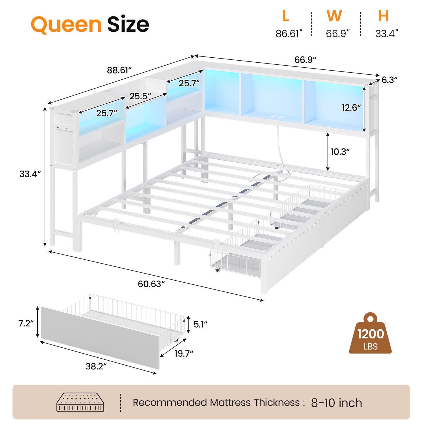 Hasuit | Corner Bed Frame with Storage Bookcase Modern Teenagers Bedframe with 2 Drawers Kids Bed Unit with Charging Station White