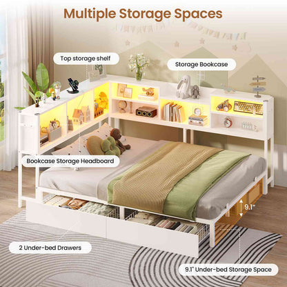 Hasuit | Corner Bed Frame with Storage Bookcase Modern Teenagers Bedframe with 2 Drawers Kids Bed Unit with Charging Station White