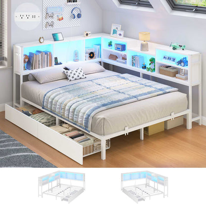 Hasuit | Corner Bed Frame with Storage Bookcase Modern Teenagers Bedframe with 2 Drawers Kids Bed Unit with Charging Station White