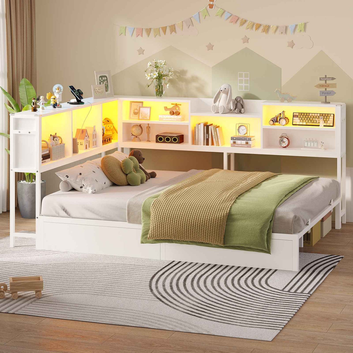 Hasuit | Corner Bed Frame with Storage Bookcase Modern Teenagers Bedframe with 2 Drawers Kids Bed Unit with Charging Station White
