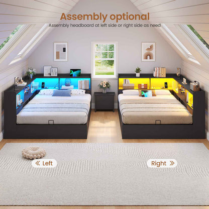 Hasuit | Corner Bed Frame with Storage Bookcase Full Size Day Bed with Charging Station and LED Lights Convertible Beds for Kids Teens