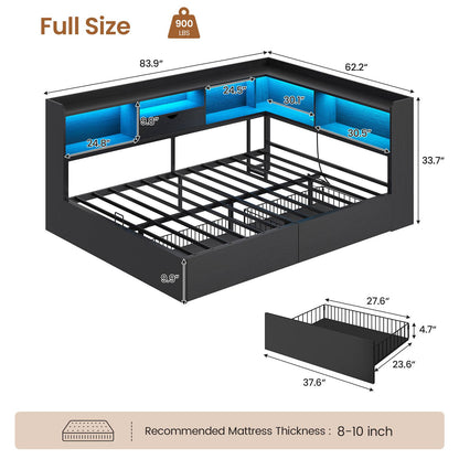 Hasuit | Corner Bed Frame with Storage Bookcase Full Size Day Bed with Charging Station and LED Lights Convertible Beds for Kids Teens