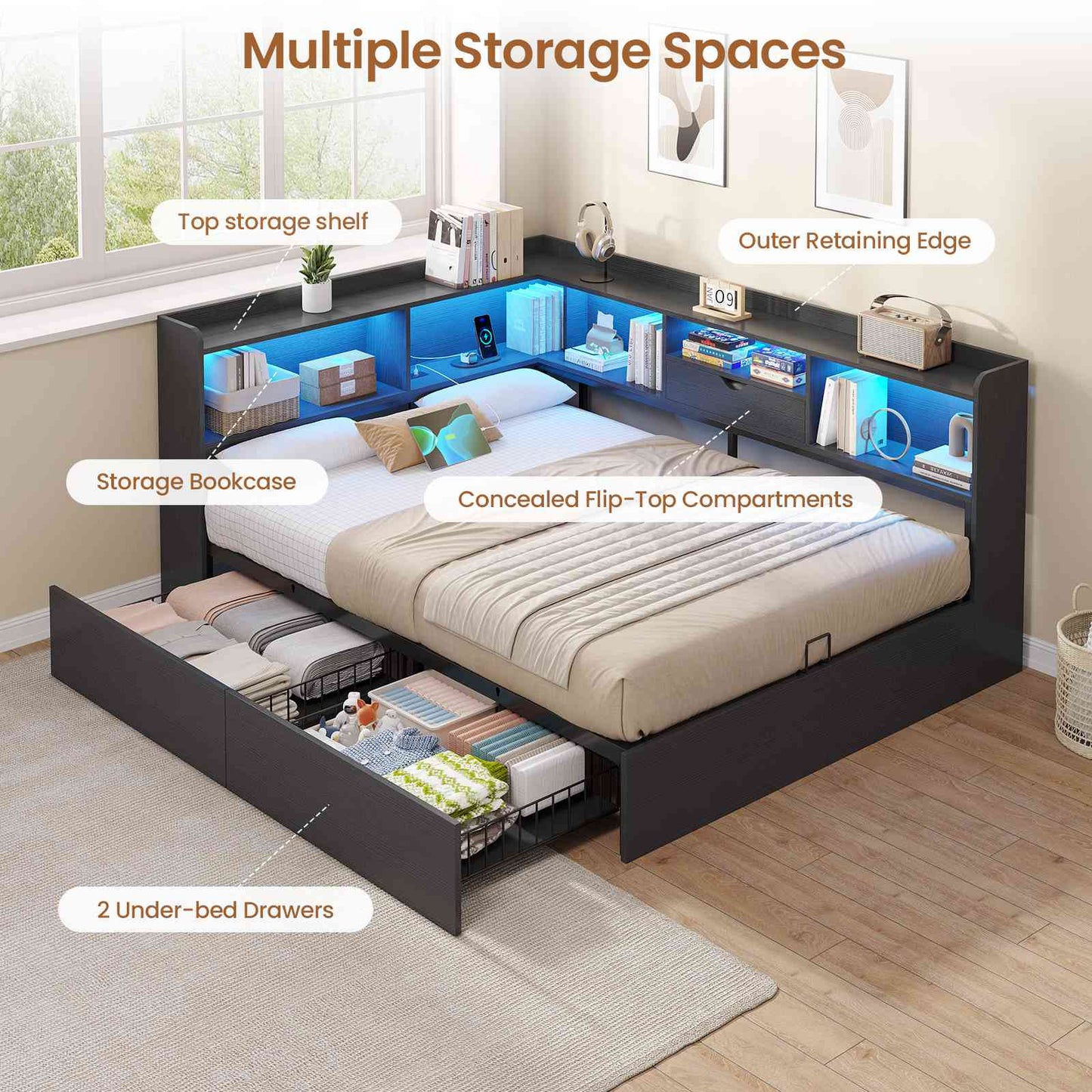 Hasuit | Corner Bed Frame with Storage Bookcase Full Size Day Bed with Charging Station and LED Lights Convertible Beds for Kids Teens