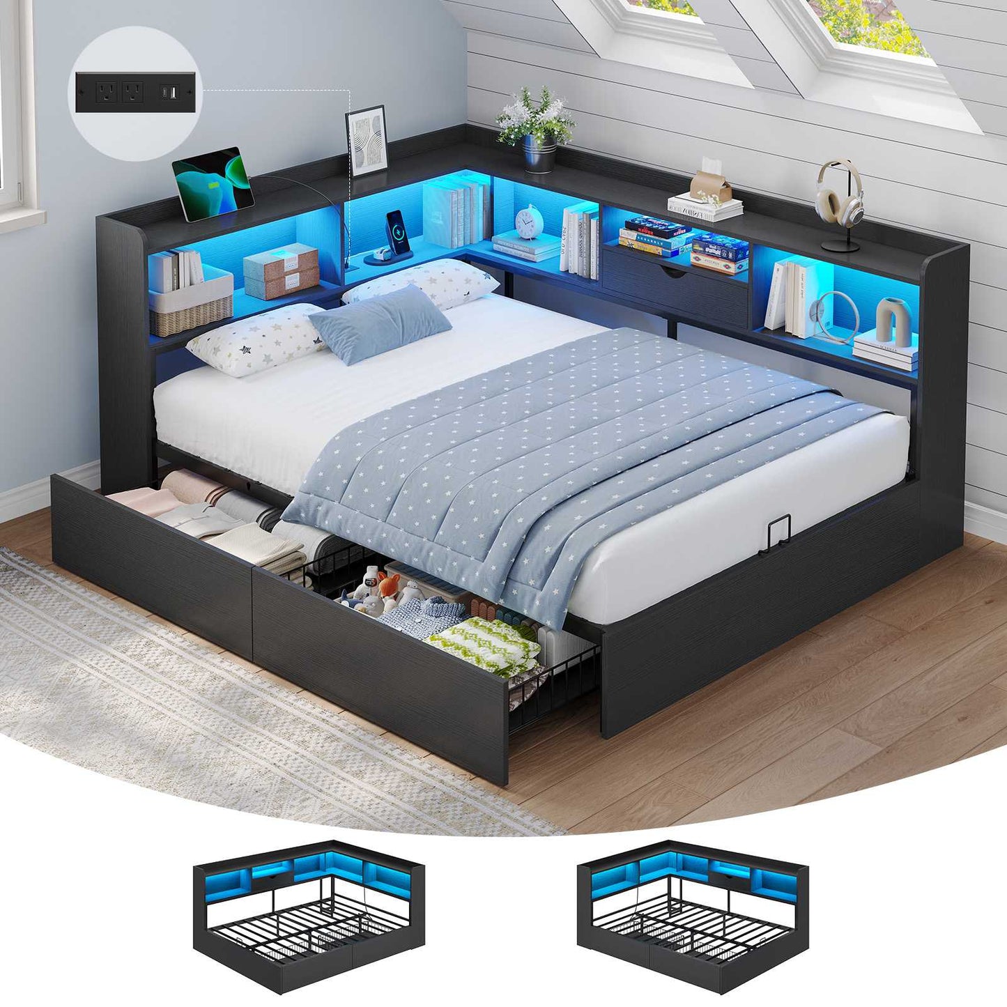 Hasuit | Corner Bed Frame with Storage Bookcase Full Size Day Bed with Charging Station and LED Lights Convertible Beds for Kids Teens