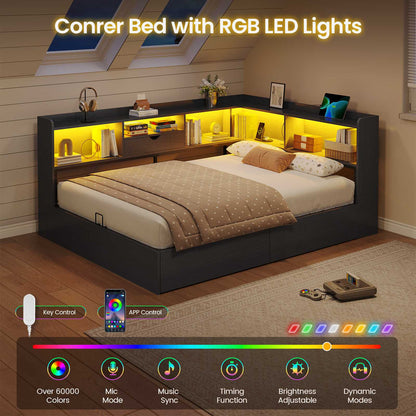 Hasuit | Corner Bed Frame with Storage Bookcase Full Size Day Bed with Charging Station and LED Lights Convertible Beds for Kids Teens