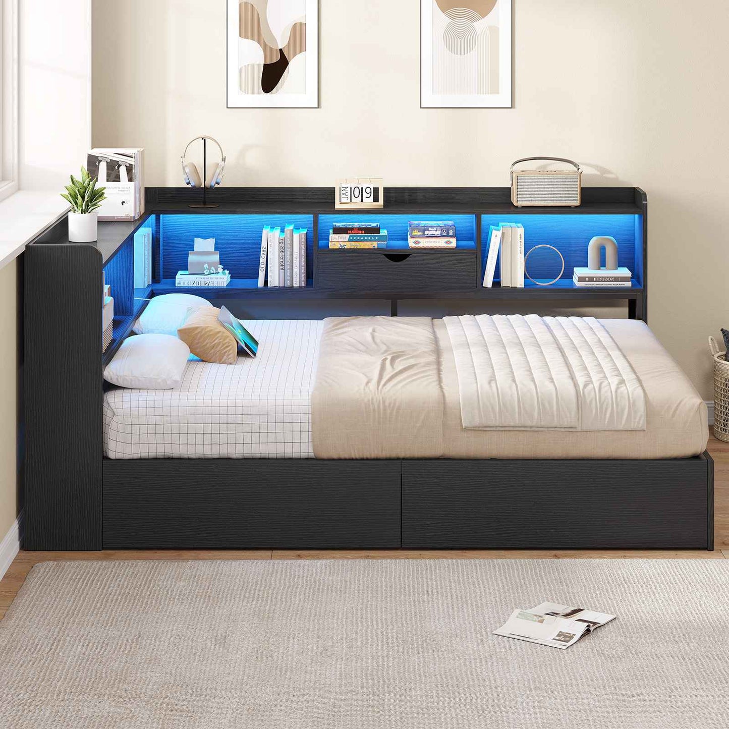 Hasuit | Corner Bed Frame with Storage Bookcase Full Size Day Bed with Charging Station and LED Lights Convertible Beds for Kids Teens