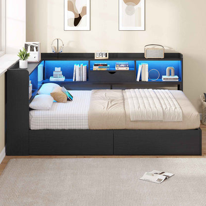 Hasuit | Corner Bed Frame with Storage Bookcase Full Size Day Bed with Charging Station and LED Lights Convertible Beds for Kids Teens