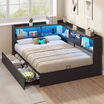 Hasuit | Corner Bed Frame with Storage Bookcase Full Size Day Bed with Charging Station and LED Lights Convertible Beds for Kids Teens