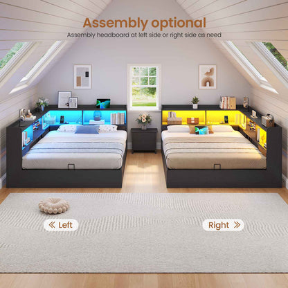 Hasuit | Corner Bed Frame with Storage Bookcase Queen Size Day Bed with Charging Station and LED Lights Convertible Beds for Kids Teens