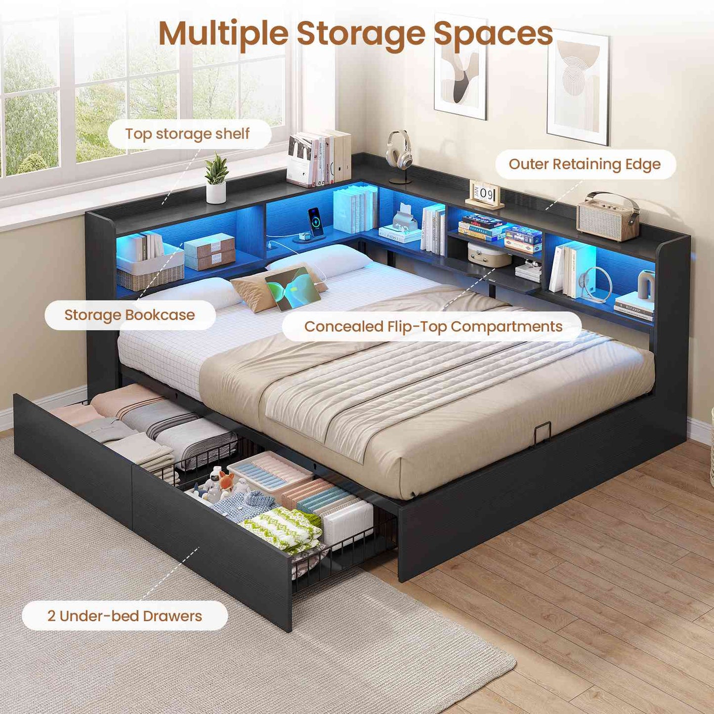 Hasuit | Corner Bed Frame with Storage Bookcase Queen Size Day Bed with Charging Station and LED Lights Convertible Beds for Kids Teens