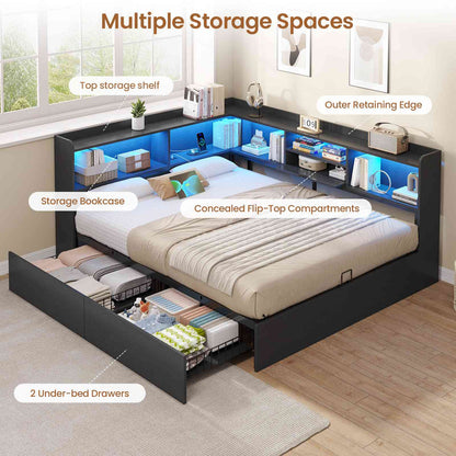 Hasuit | Corner Bed Frame with Storage Bookcase Queen Size Day Bed with Charging Station and LED Lights Convertible Beds for Kids Teens
