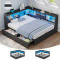 Hasuit | Corner Bed Frame with Storage Bookcase Queen Size Day Bed with Charging Station and LED Lights Convertible Beds for Kids Teens