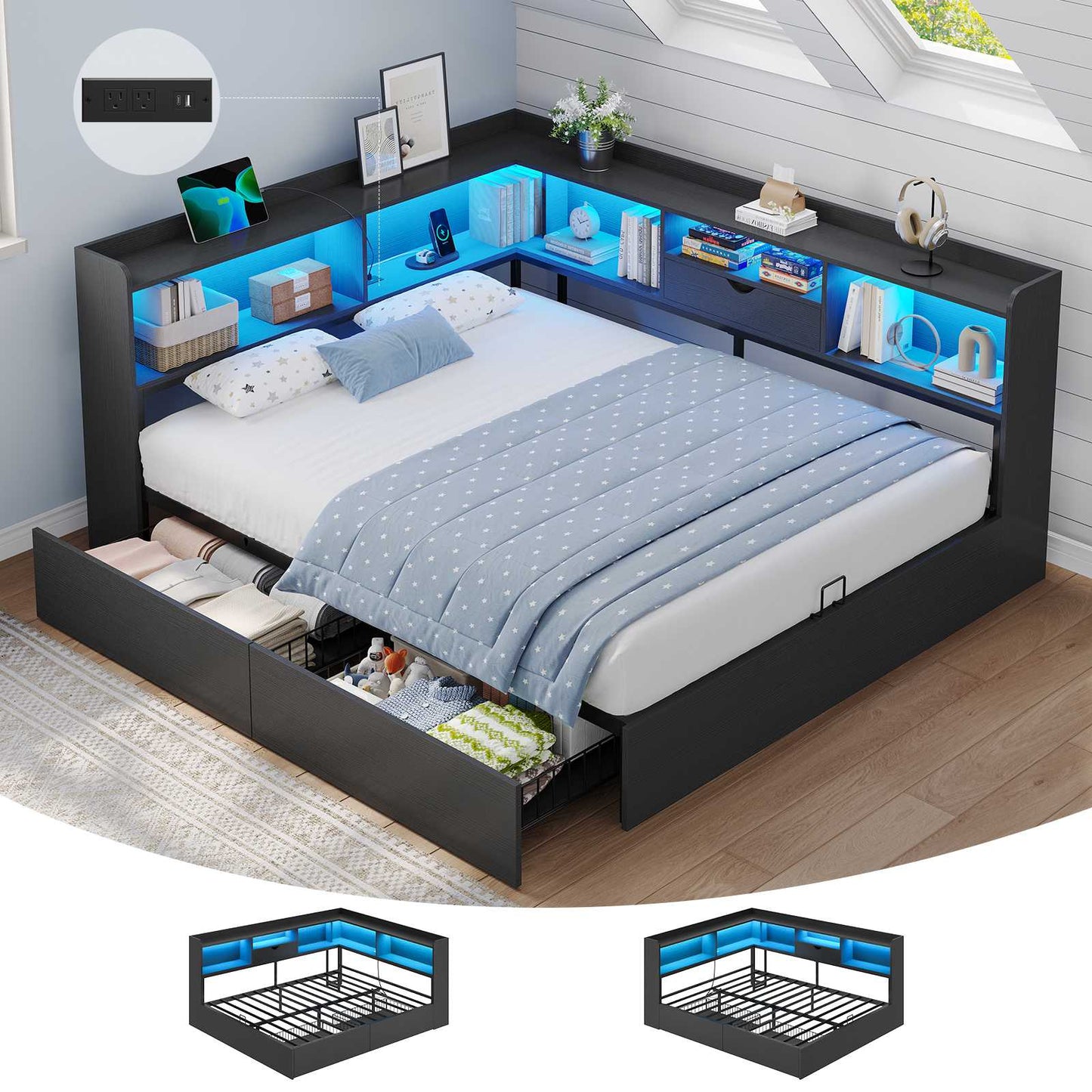 Hasuit | Corner Bed Frame with Storage Bookcase Queen Size Day Bed with Charging Station and LED Lights Convertible Beds for Kids Teens