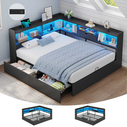 Hasuit | Corner Bed Frame with Storage Bookcase Queen Size Day Bed with Charging Station and LED Lights Convertible Beds for Kids Teens