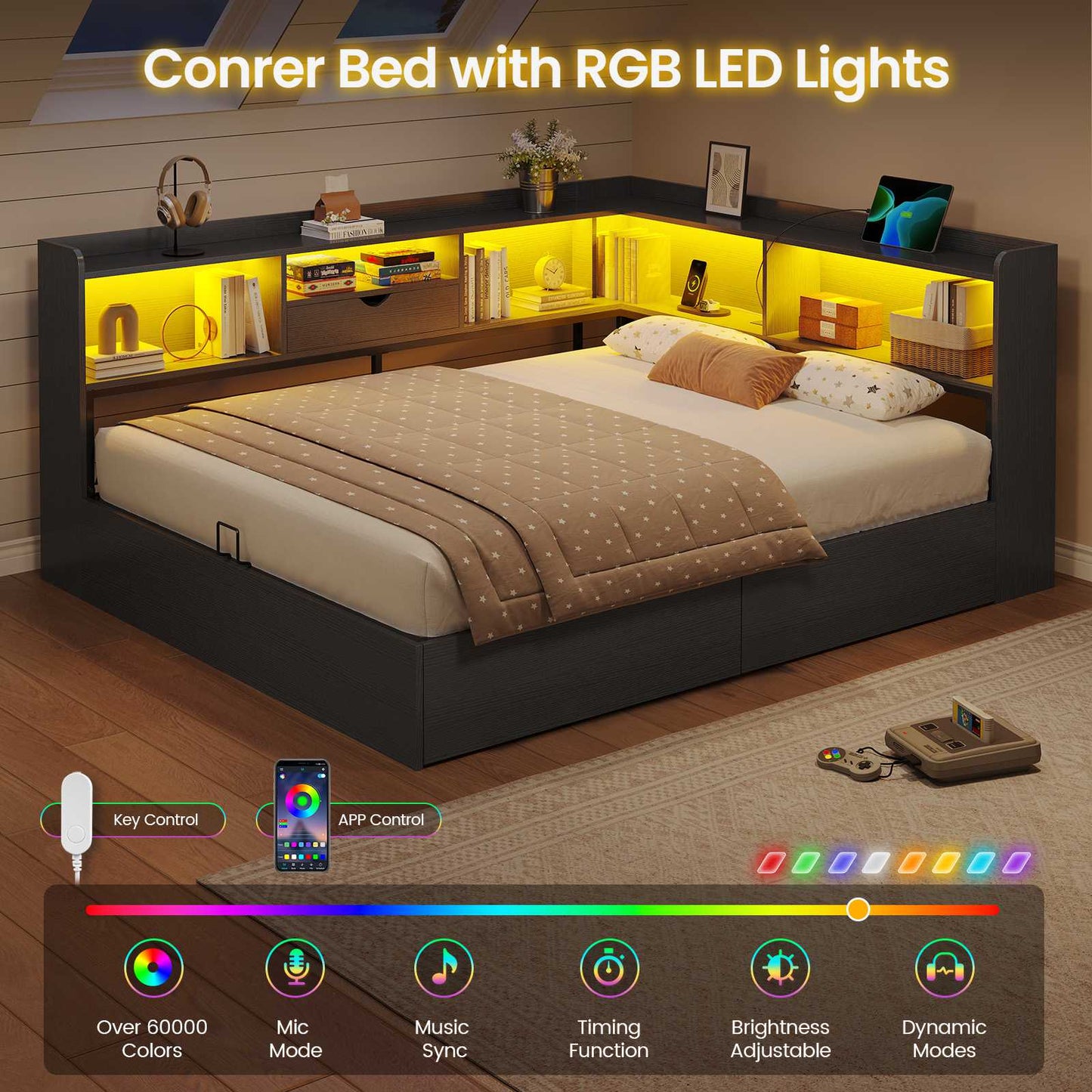 Hasuit | Corner Bed Frame with Storage Bookcase Queen Size Day Bed with Charging Station and LED Lights Convertible Beds for Kids Teens