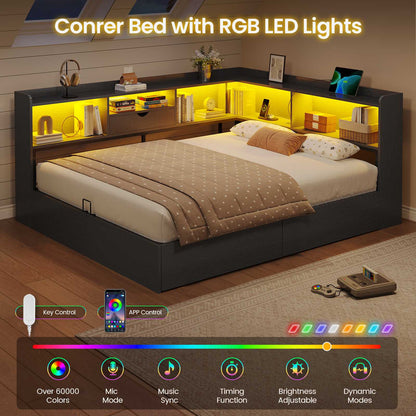 Hasuit | Corner Bed Frame with Storage Bookcase Queen Size Day Bed with Charging Station and LED Lights Convertible Beds for Kids Teens