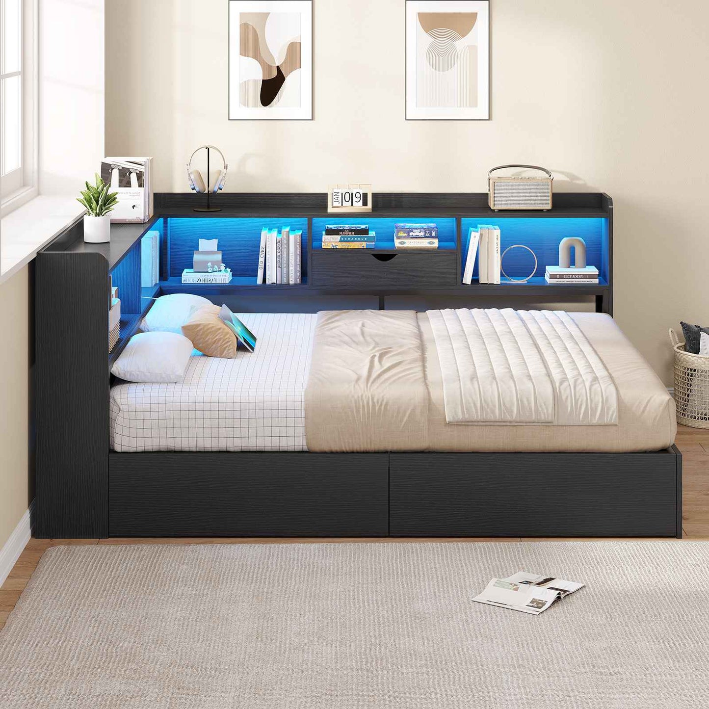 Hasuit | Corner Bed Frame with Storage Bookcase Queen Size Day Bed with Charging Station and LED Lights Convertible Beds for Kids Teens