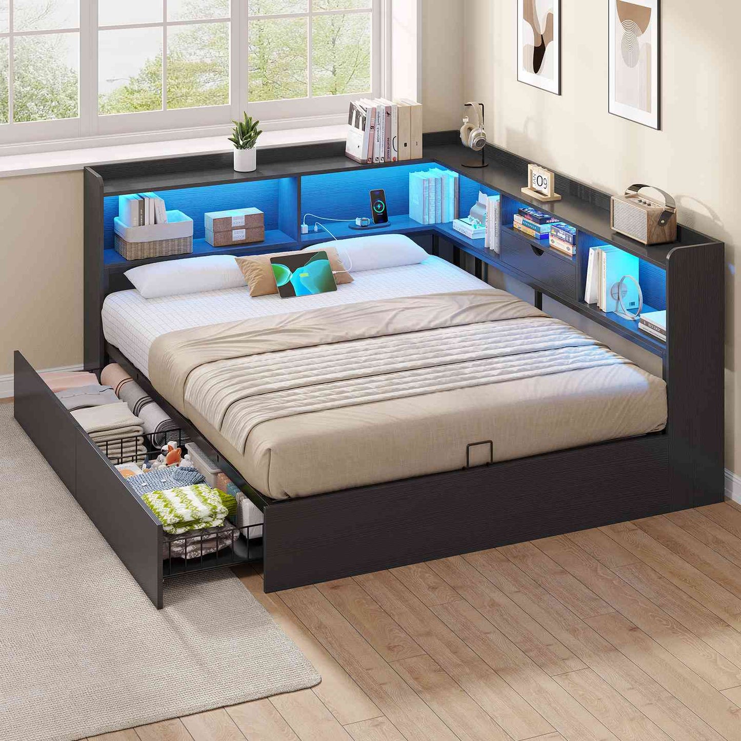 Hasuit | Corner Bed Frame with Storage Bookcase Queen Size Day Bed with Charging Station and LED Lights Convertible Beds for Kids Teens
