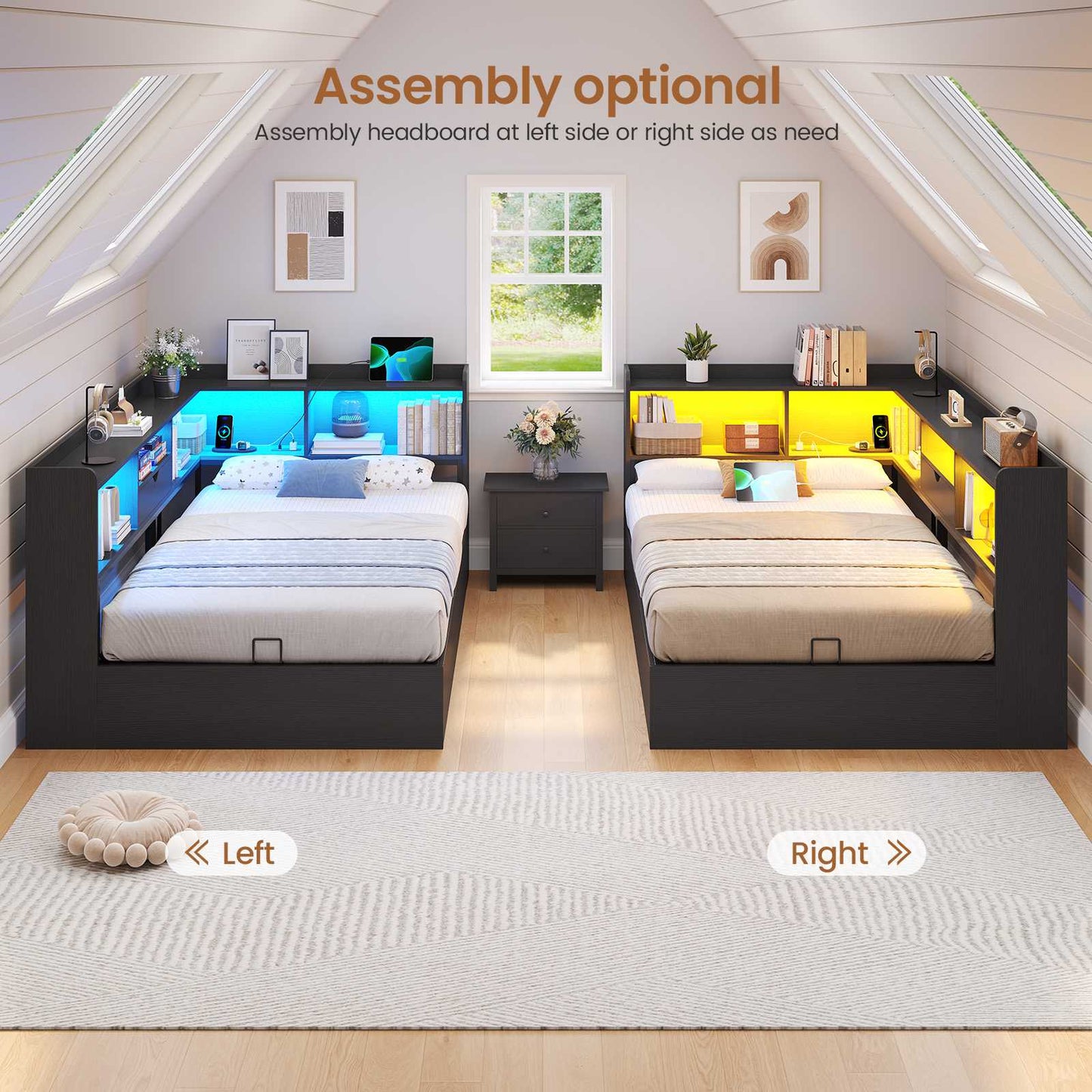 Hasuit | Corner Bed Frame with Storage Bookcase Twin Size Day Bed with Charging Station and LED Lights Convertible Beds for Kids Teens