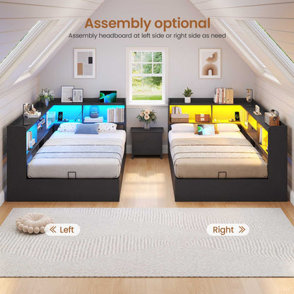 Hasuit | Corner Bed Frame with Storage Bookcase Twin Size Day Bed with Charging Station and LED Lights Convertible Beds for Kids Teens