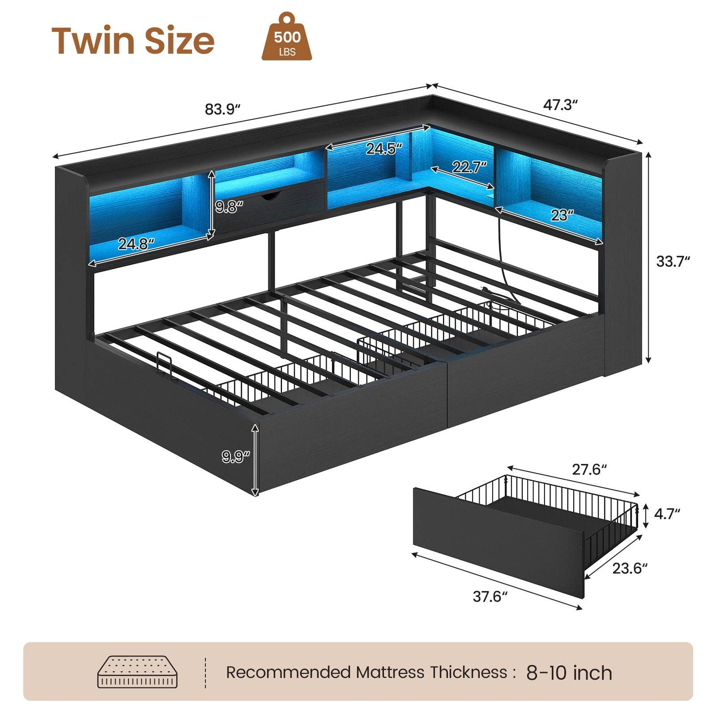 Hasuit | Corner Bed Frame with Storage Bookcase Twin Size Day Bed with Charging Station and LED Lights Convertible Beds for Kids Teens