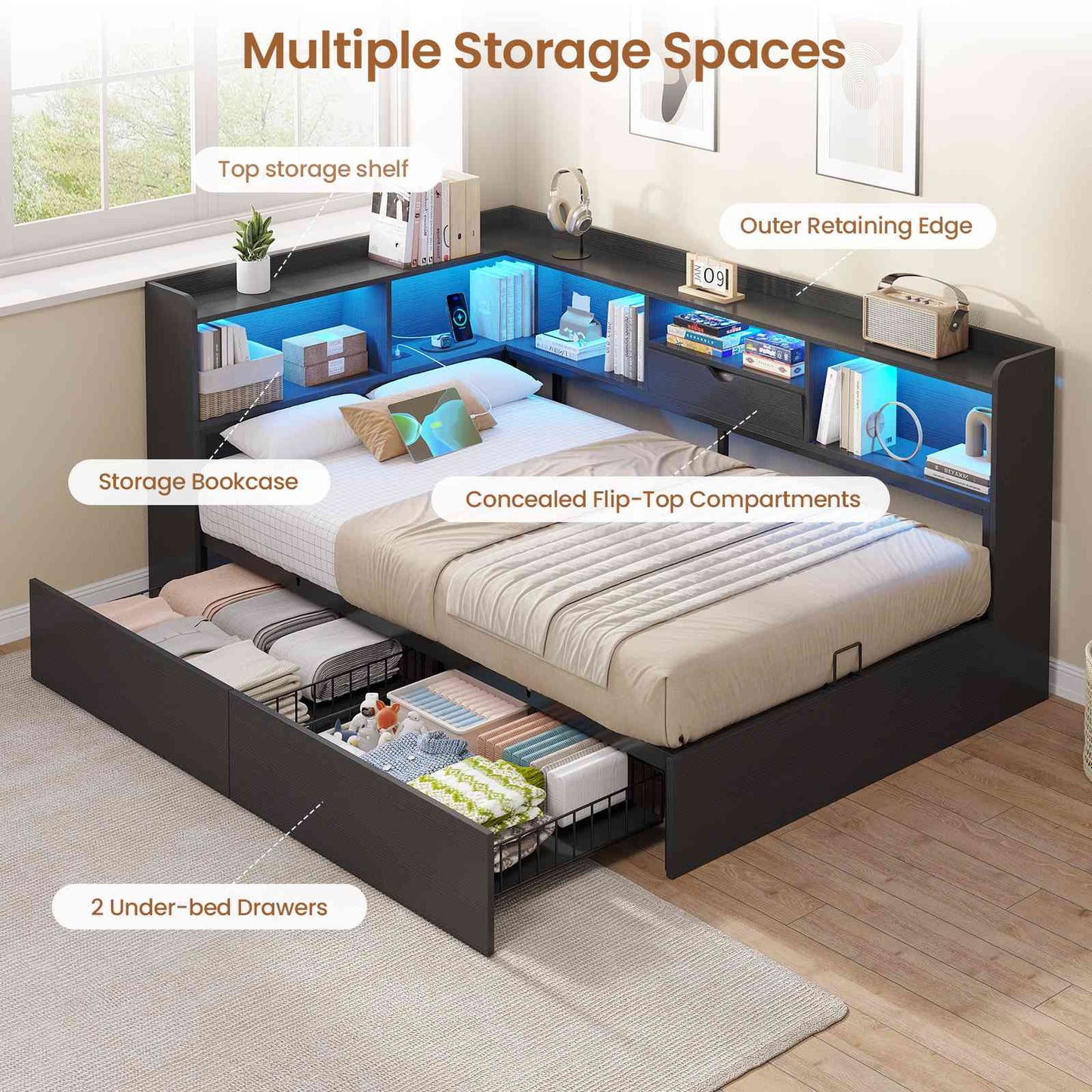 Hasuit | Corner Bed Frame with Storage Bookcase Twin Size Day Bed with Charging Station and LED Lights Convertible Beds for Kids Teens